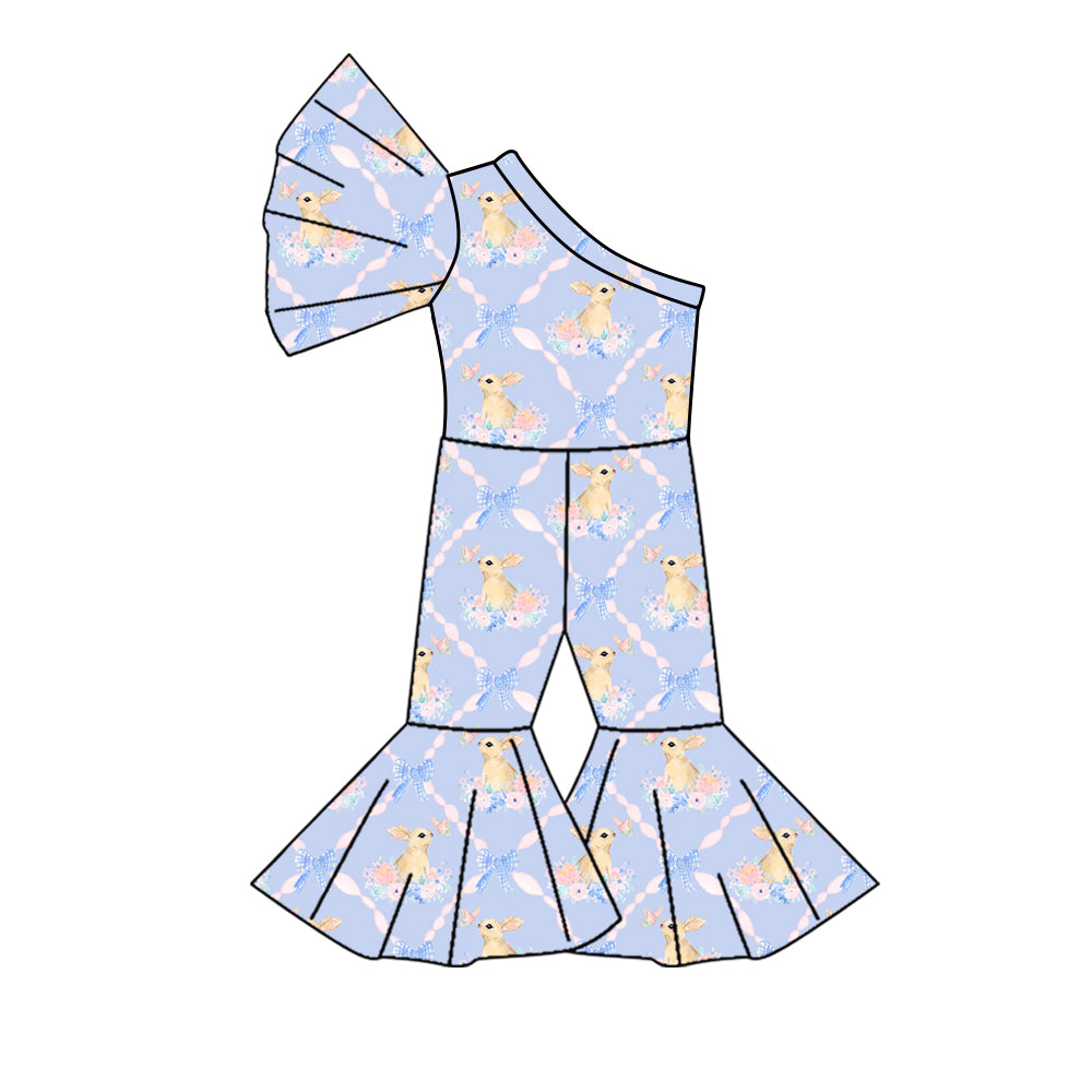 (Custom Design Preorder MOQ 5) Flowers Bunny Bows Print Girls Easter One Shoulder Jumpsuits