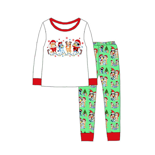 (Custom Design Preorder MOQ 5) Cartoon Dog Top Green Pants Boys Christmas Clothes Set