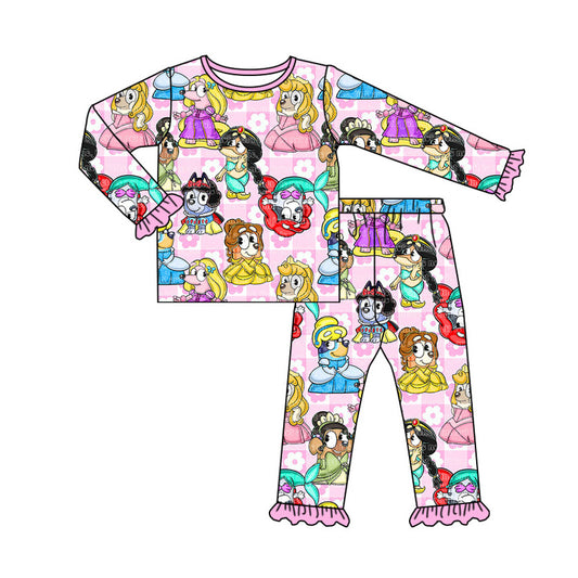 (Custom Design Preorder MOQ 5) Cartoon Dog Princess Print Girls Bamboo Pajamas Clothes Set