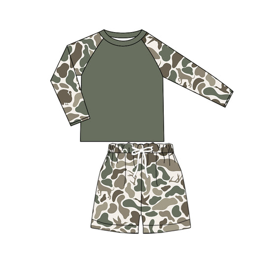 (Custom Design Preorder MOQ 5)  Green Brown Camo Print Boys Long Sleeve 2 Pieces Swimsuits