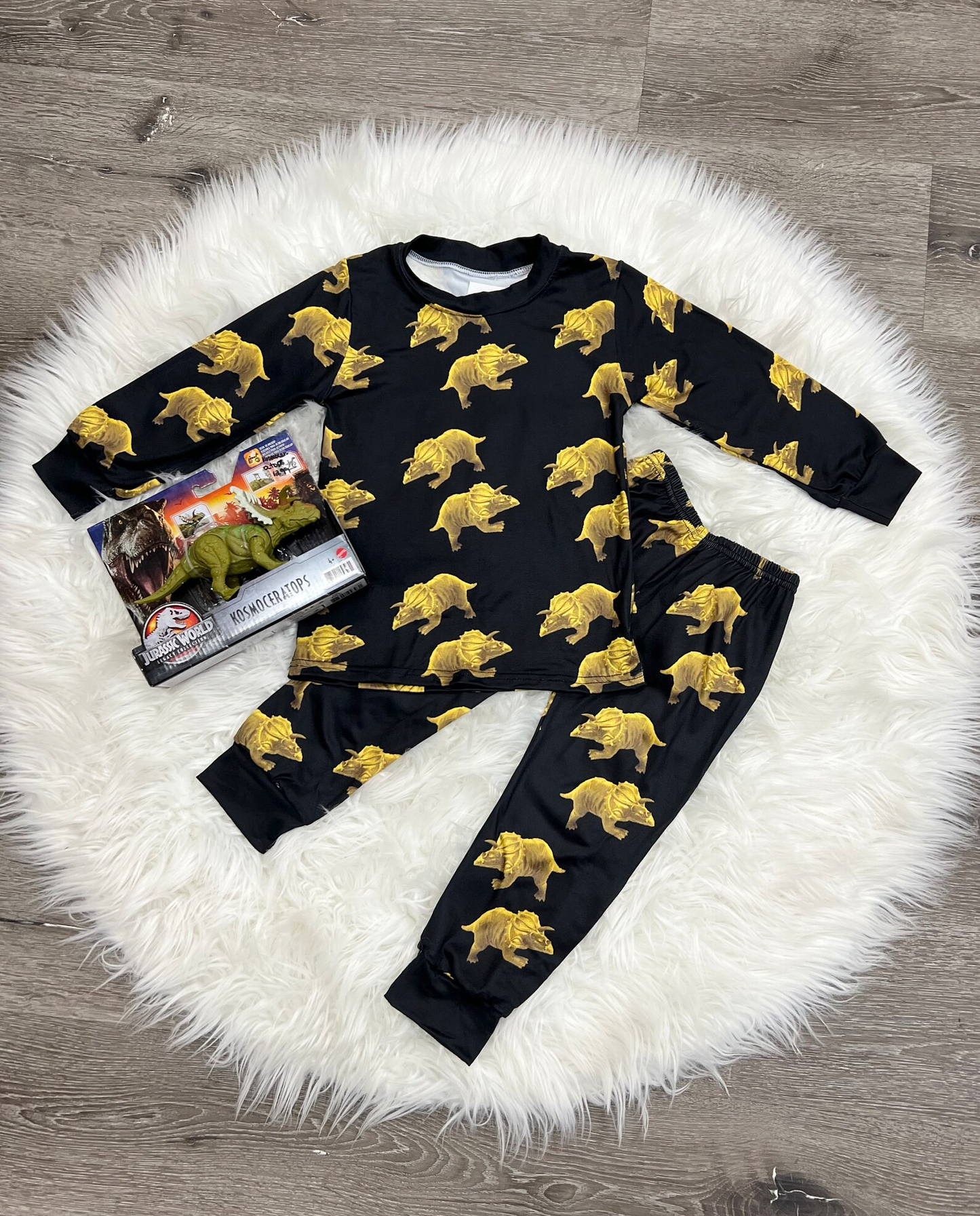 (Custom Design Preorder MOQ 5)  Dino Black Print Boys Pajamas Clothes Set