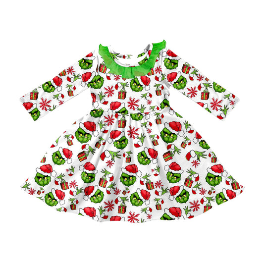 (Custom Design Preorder MOQ 5 ) Green Frog Print Girls Christmas Knee Length Dress