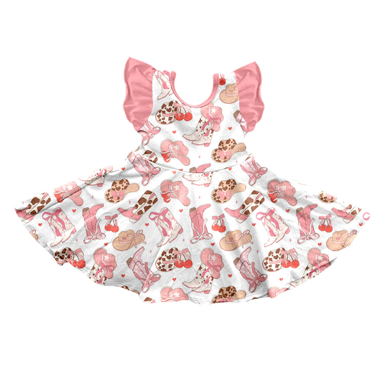 (Custom Design Preorder MOQ 5)  Boots Hats Cherry Print Girls Knee Length Summer Dress