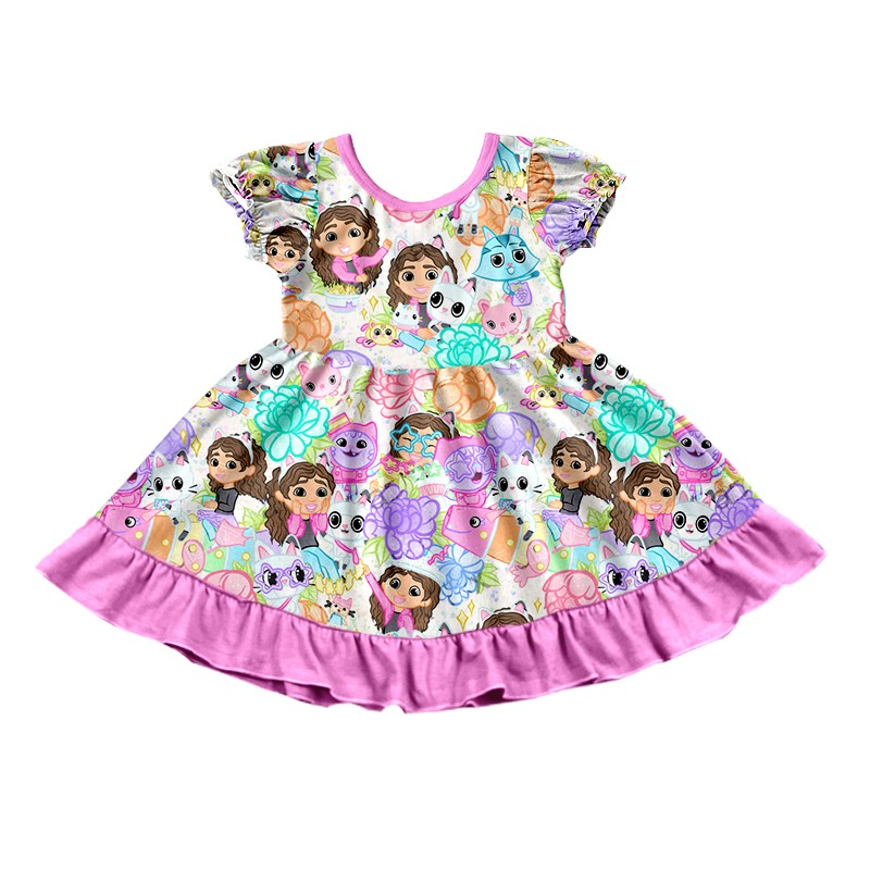 (Custom Design Preorder MOQ 5) Cartoon Cat Girl Print Girls Summer Knee Length Dress