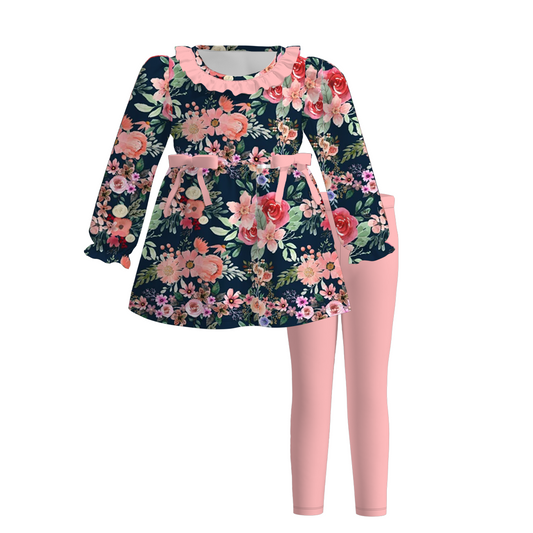 (Custom Design Preorder MOQ 5)  Flowers Tunic Top Pink Pants Girls Fall Clothes Set