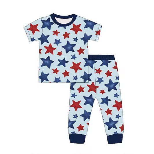 (Custom Design Preorder MOQ 5)  Stars Print Boys 4th of July Pajamas Clothes Set