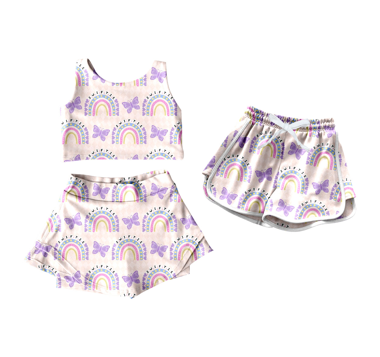 4.19(Custom Design Preorder MOQ 5 Per Item) Butterfly Rainbow Print Girls Smmer Yoga Ouutfits & Shorts