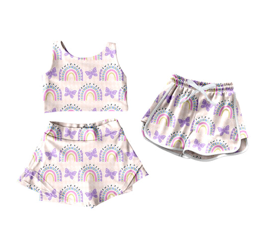 4.19(Custom Design Preorder MOQ 5 Per Item) Butterfly Rainbow Print Girls Smmer Yoga Ouutfits & Shorts