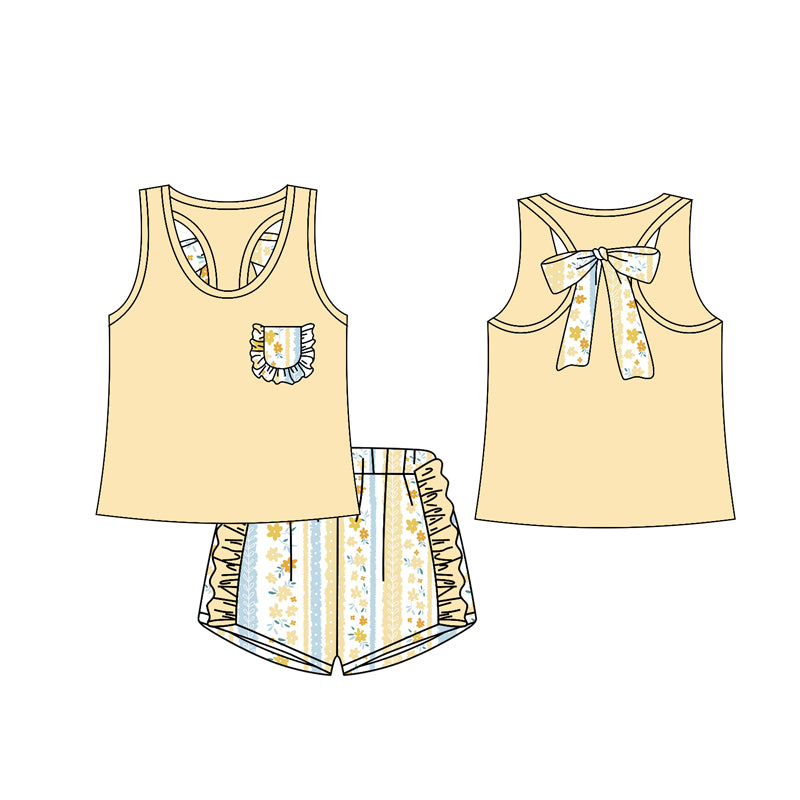 12.13(Custom Design Preorder MOQ 5) Yellow Pocket Vest Top Flowers Shorts Girls Summer Clothes Set