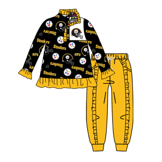 (Custom Design Preorder MOQ 5) Team's Steelers Top Yellow Pants Girls Fall Clothes Set