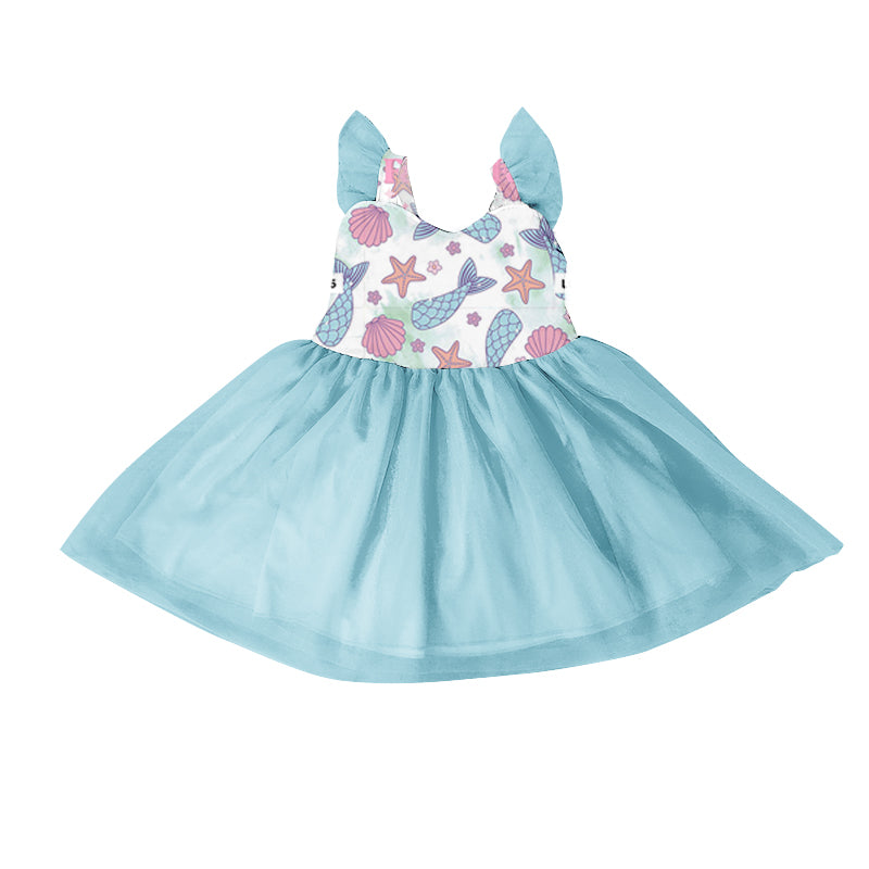 12.13(Custom Design Preorder MOQ 5) Mermaid Blue Print Girls Summer Knee Length Tulle Dress