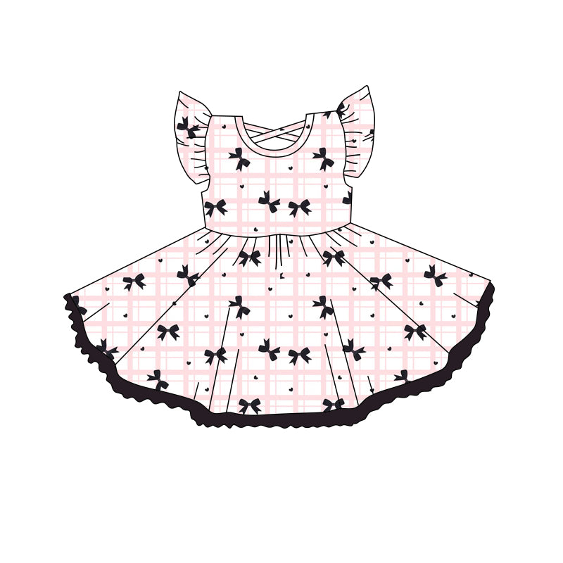 3.7(Custom Design Preorder MOQ 5) Bows Pink Plaid Print Girls Summer Knee Length Dress
