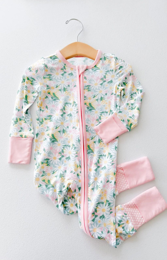 (Custom Design Preorder MOQ 5) Daisy Flowers Print Baby Girls Sleeper Zipper Romper