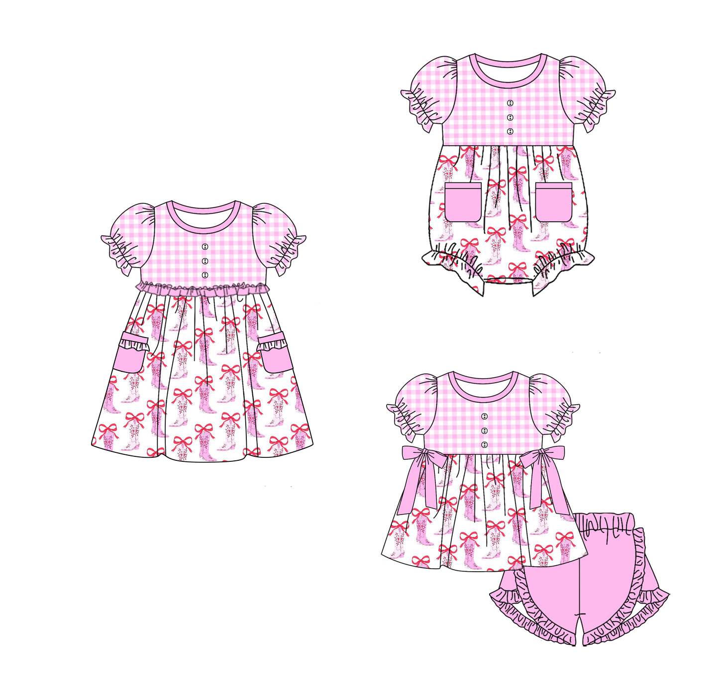 11.21(Custom Design Preorder MOQ 5 Each Design) Pink Bows Boots Print Girls Summer Western Matching Clothes Sisters Wear