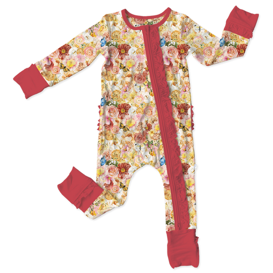 (Custom Design Preorder MOQ 5) Flowers Print Baby Girls Fall Bamboo Sleeper Zipper Romper