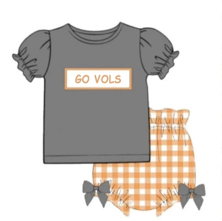 (Custom Design Preorder MOQ 5) Team's GO VOLS Print Grey Top Plaid Shorts Baby Girls Summer Bummie Sets