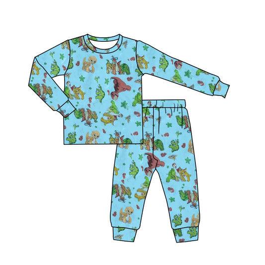 (Custom Design Preorder MOQ 5) Dino Blue Print Boys Fall Bamboo Pajamas Clothes Set