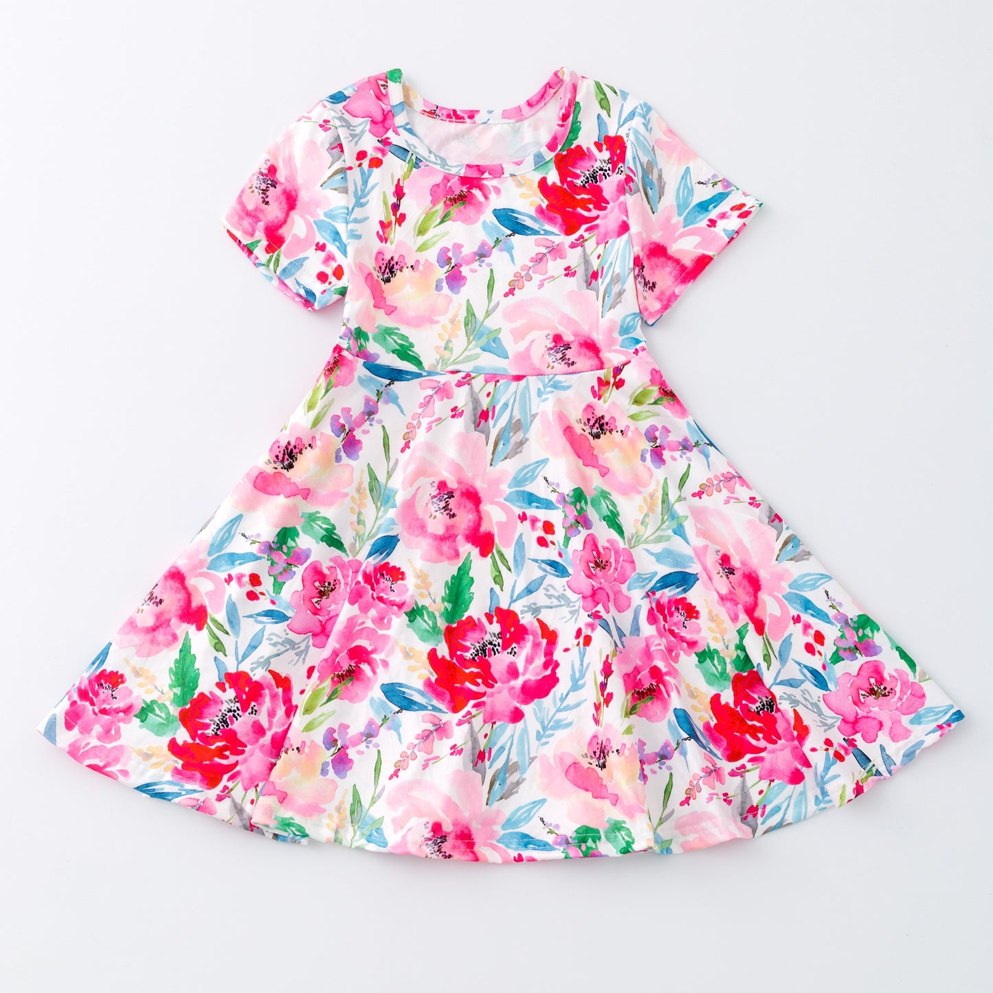 (Custom Design Preorder MOQ 5) Hot Pink Flowers Print Girls Short Sleeve Knee Length Dress
