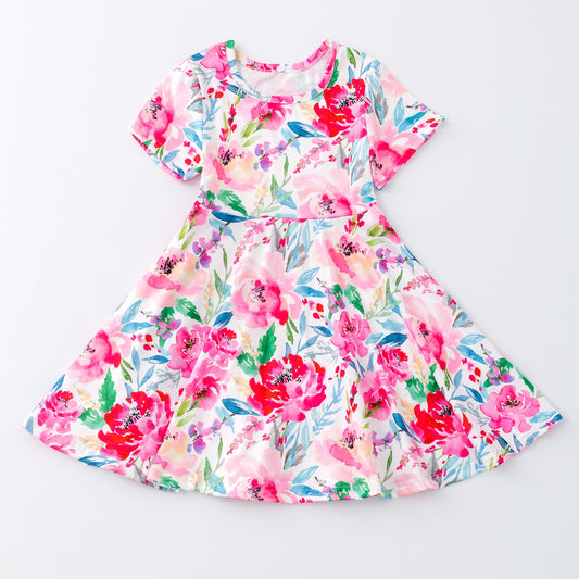 (Custom Design Preorder MOQ 5) Hot Pink Flowers Print Girls Short Sleeve Knee Length Dress