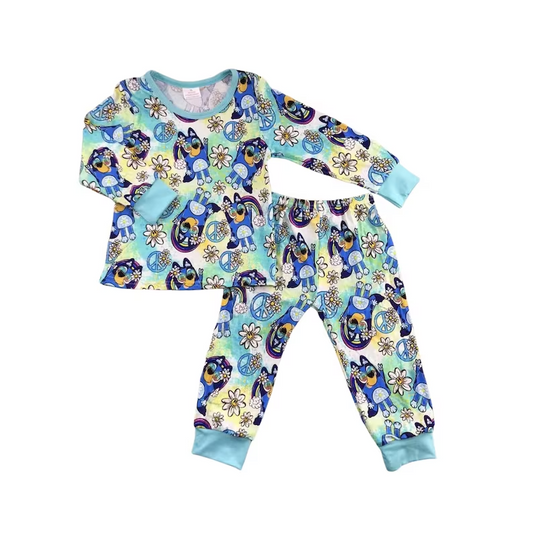 (Custom Design Preorder MOQ 5) Blue Cartoon Dog Flowers Print Girls Pajamas Clothes Set