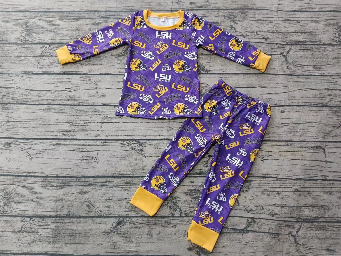 (Custom Design Preorder MOQ 3) Team's Tigers LSU Purple Print Boys Pajamas Clothes Set