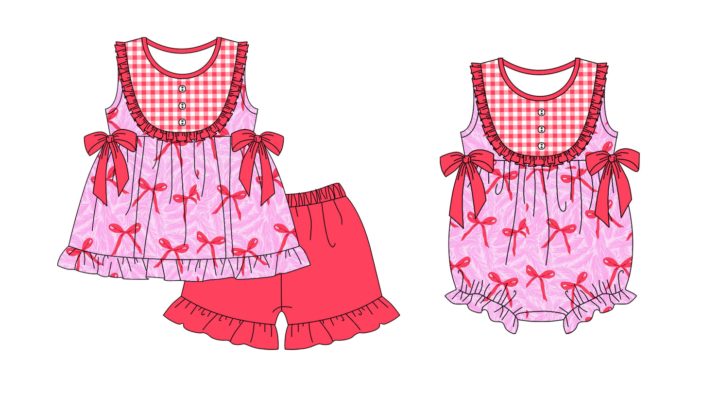 11.21(Custom Design Preorder MOQ 5 Each Design) Feather Bows Print Girls Summer Matching Clothes Sisters Wear