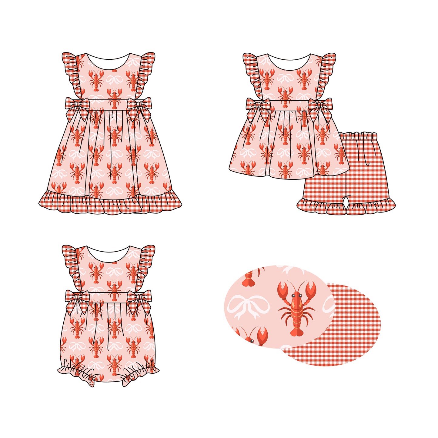 12.4 (Custom Design Preorder MOQ 5 Each Design) Crayfish Bows Pink Print Girls Summer Matching Clothes Sisters Wear