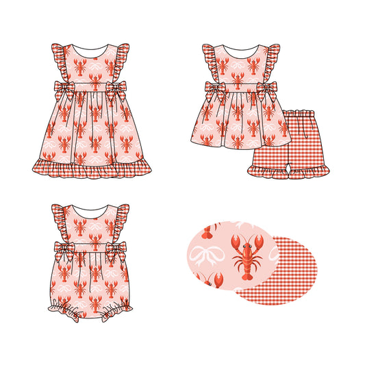 12.4 (Custom Design Preorder MOQ 5 Each Design) Crayfish Bows Pink Print Girls Summer Matching Clothes Sisters Wear