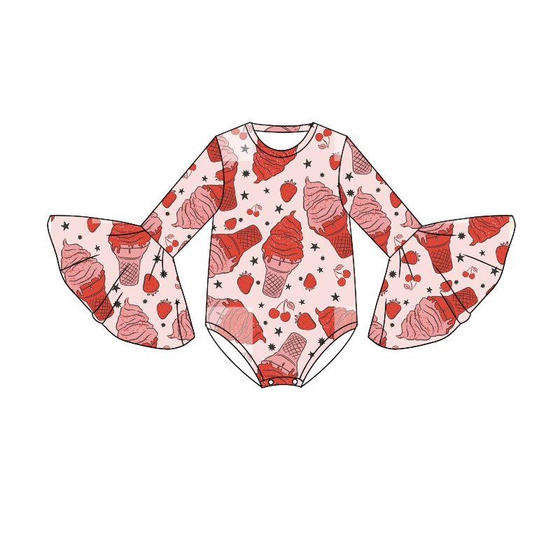 (Custom Design Preorder MOQ 5) Ice Cone Strawberry Cherry Print Baby Girls Valentine's Romper