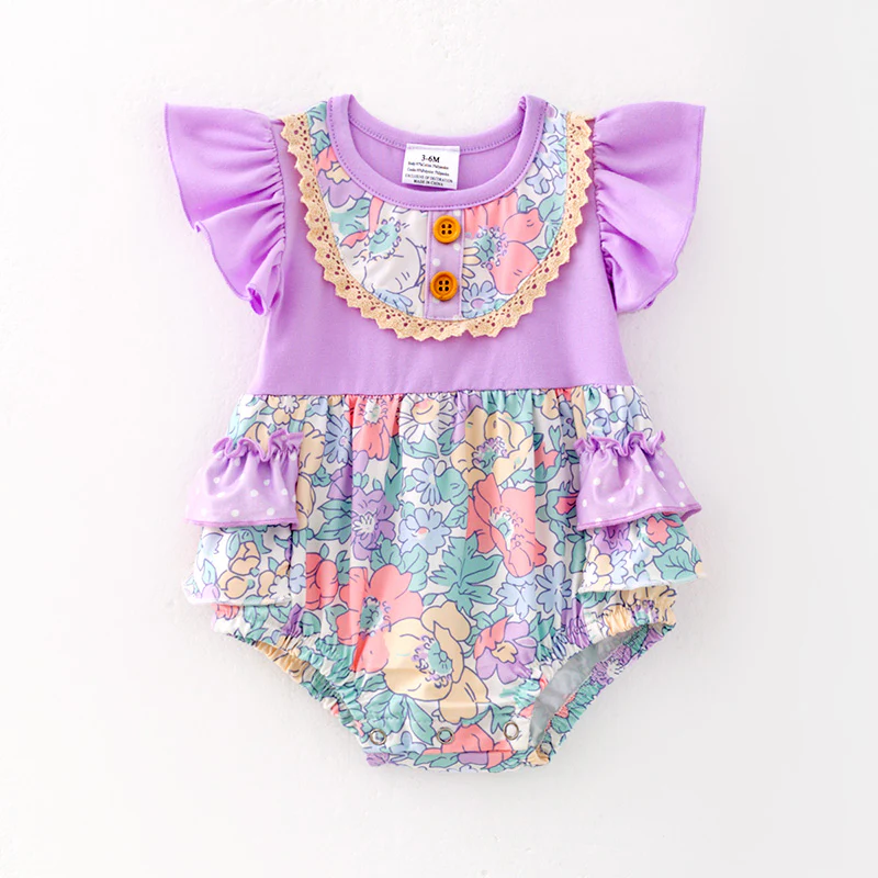 (Custom Design Preorder MOQ 5)  Purple Flowers Print Baby Girls Summer Romper