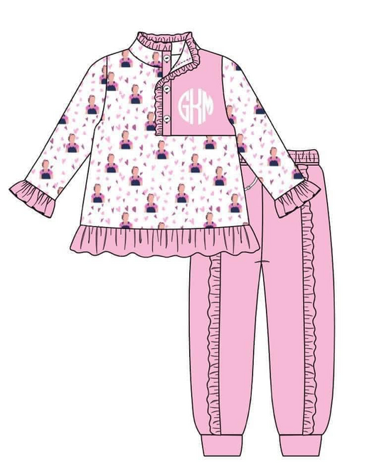 (Custom Design Preorder MOQ 5) Cartoon Teacher Pullover Top Pink Ruffle Pants Girls Fall Clothes Set