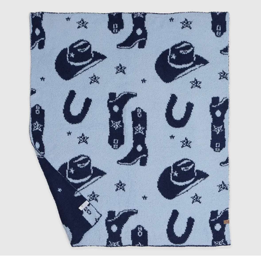 (Custom Design Preorder MOQ 5) Boots Hat Blue Western Print Baby Boys Minky Blanket