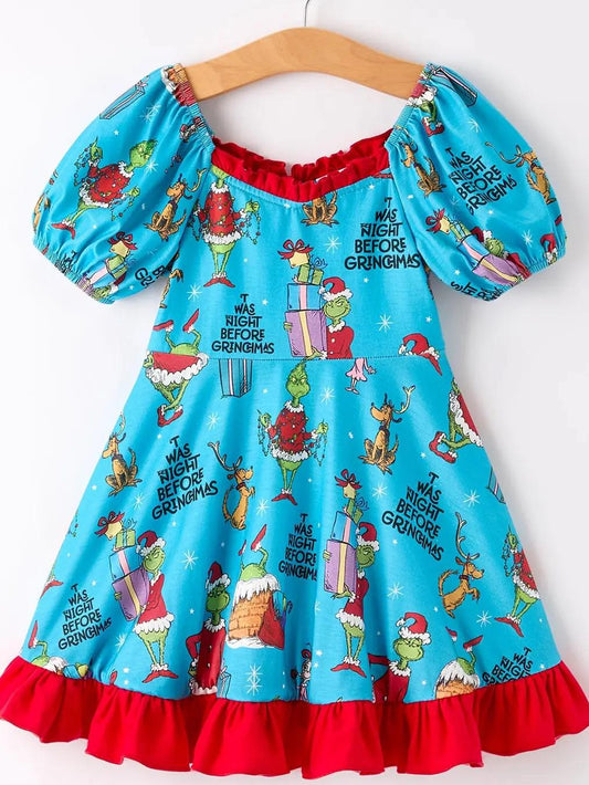 (Custom Design Preorder MOQ 5 ) Green Forg Blue Print Girls Christmas Knee Length Dress