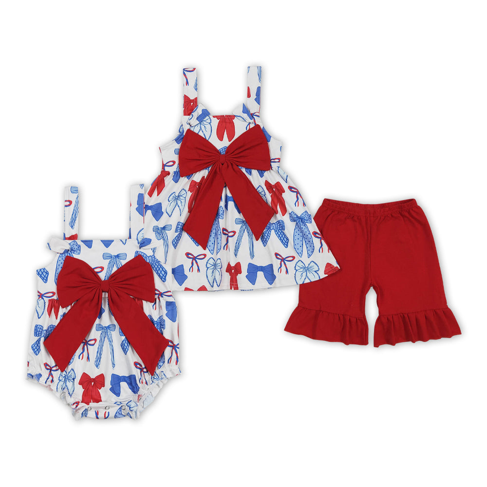 Blue Red Bows Print Sisters 4th of July Matching Clothes