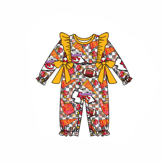 (Custom Design Preorder MOQ 5) Team's KC Yellow Print Bows Baby Girls Fall Romper