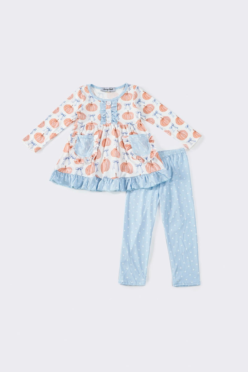 (Custom Design Preorder MOQ 5) Pumpkin Blue Bows Tunic Top Legging Pants Girls Fall Clothes Set