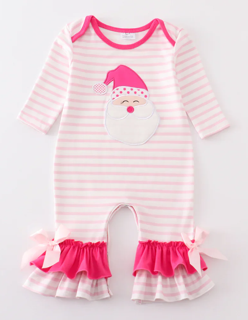 (Custom Design Preorder MOQ 5) Santa Pink Stripes Print Baby Girls Christmas Romper