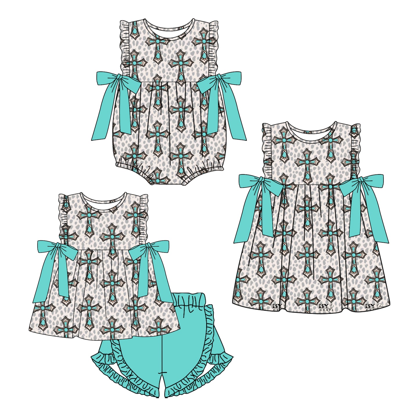 11.22(Custom Design Preorder MOQ 5 Each Design) Cross Turquoise Print Girls Easter Matching Clothes Sisters Wear