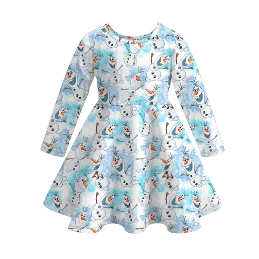 (Custom Design Preorder MOQ 5) Cartoon Snowman Print Girls Knee Length Fall Dress