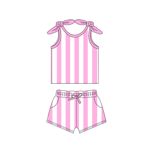 (Custom Design Preorder MOQ 5) Pink Stripes Print Pockets Shorts Girls Summer Clothes Set