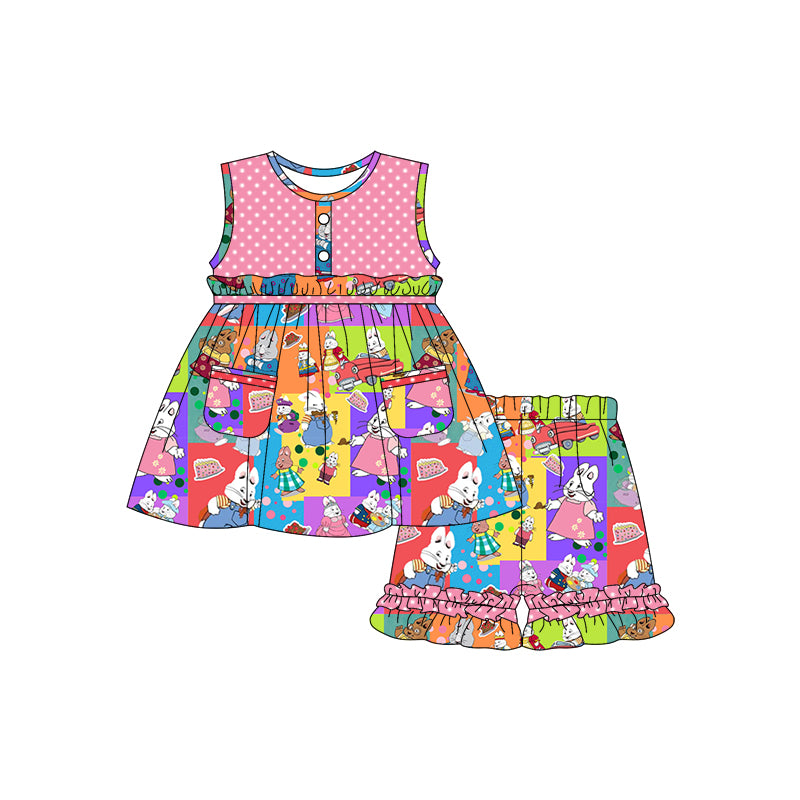 2.27(Custom Design Preorder MOQ 5) Cartoon Bunny Tunic Top Ruffle Shorts Girls Summer Clothes Set
