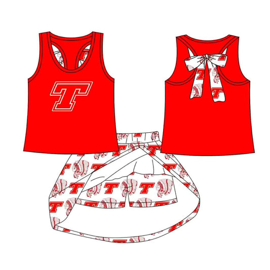 (Custom Design Preorder MOQ 5) Team's T Red Top Skirts Shorts Girls Clothes Sets