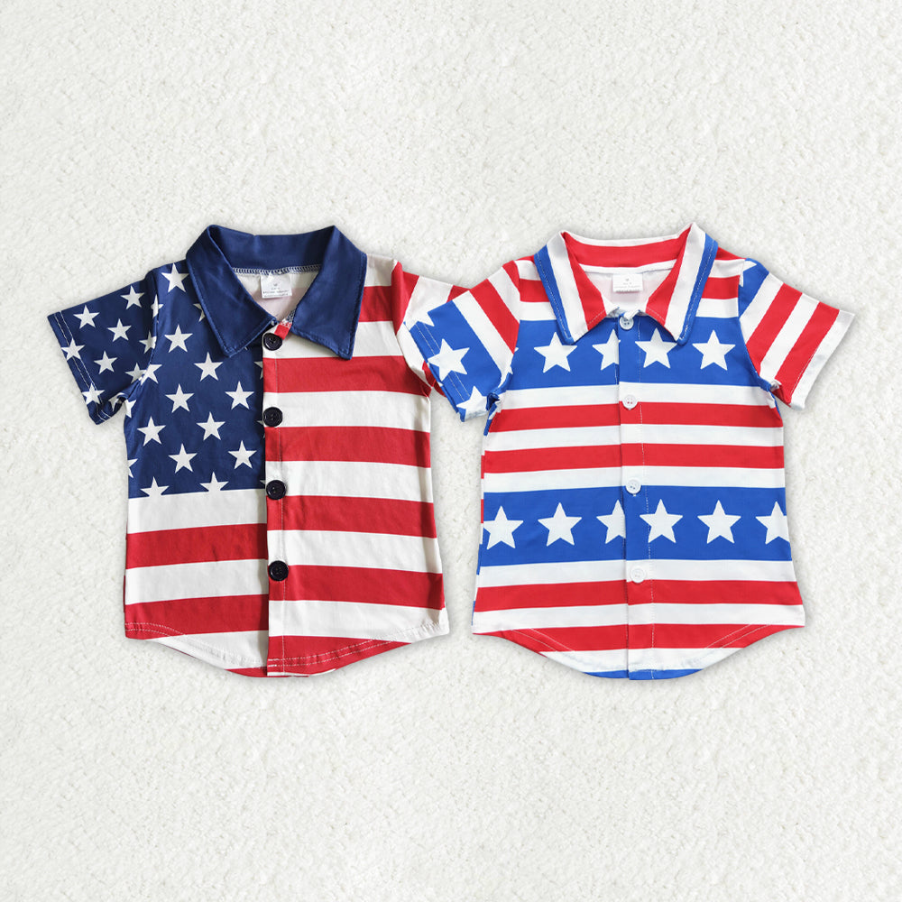 Stars Red Stripes Boys 4th of July Buttons Tee Shirts Top Brothers Wear