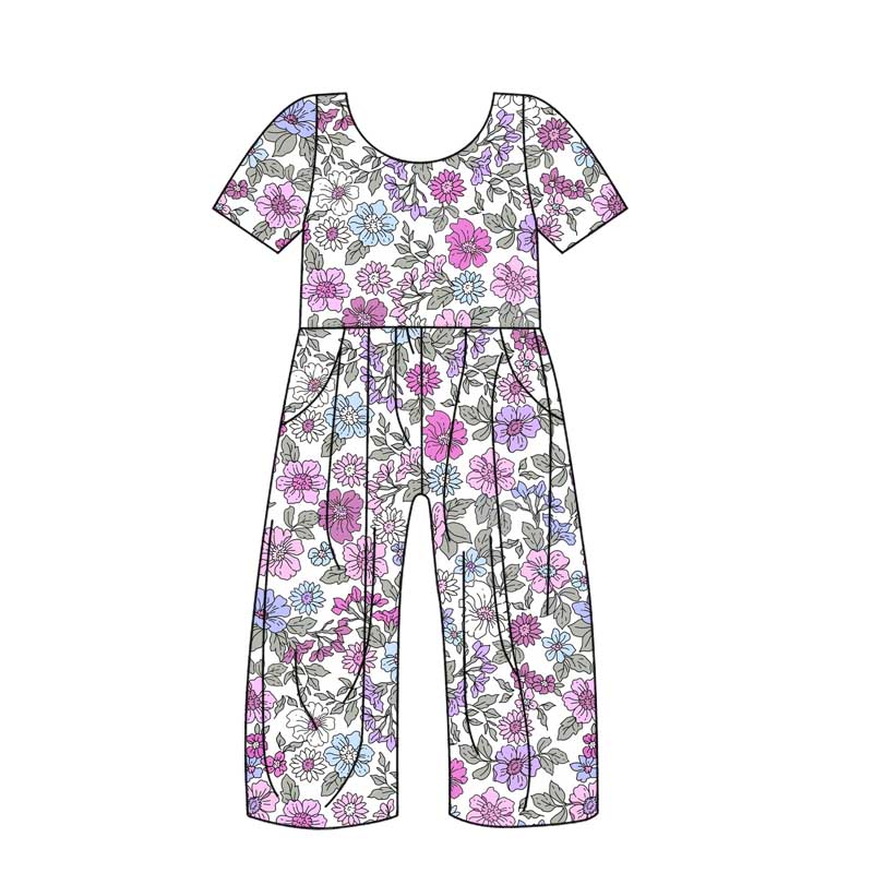 (Custom Design Preorder MOQ 5) Pink Flowers Print Girls Pockets Jumpsuits