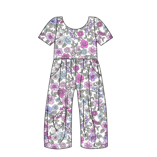 (Custom Design Preorder MOQ 5) Pink Flowers Print Girls Pockets Jumpsuits