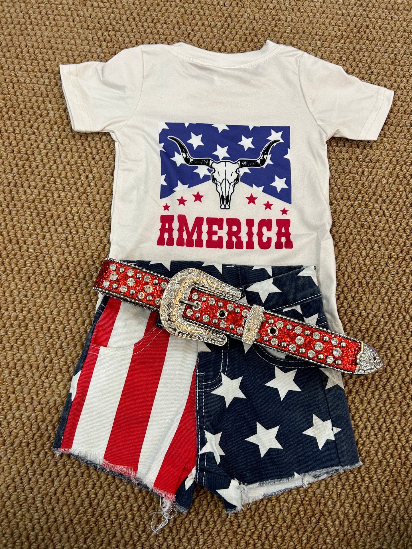 GT0465+SS0168+GB0007 Cow Skull America Top Star Red Stripes Denim Shorts Girls 3 Pieces 4th of July Outfits