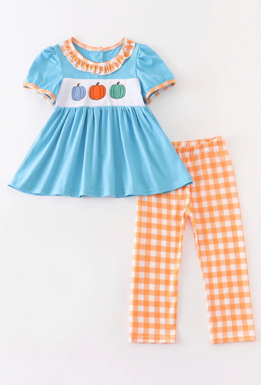 (Custom Design Preorder MOQ 5) Pumpkin Blue Tunic Top Orange Plaid Pants Girls Fall Clothes Set