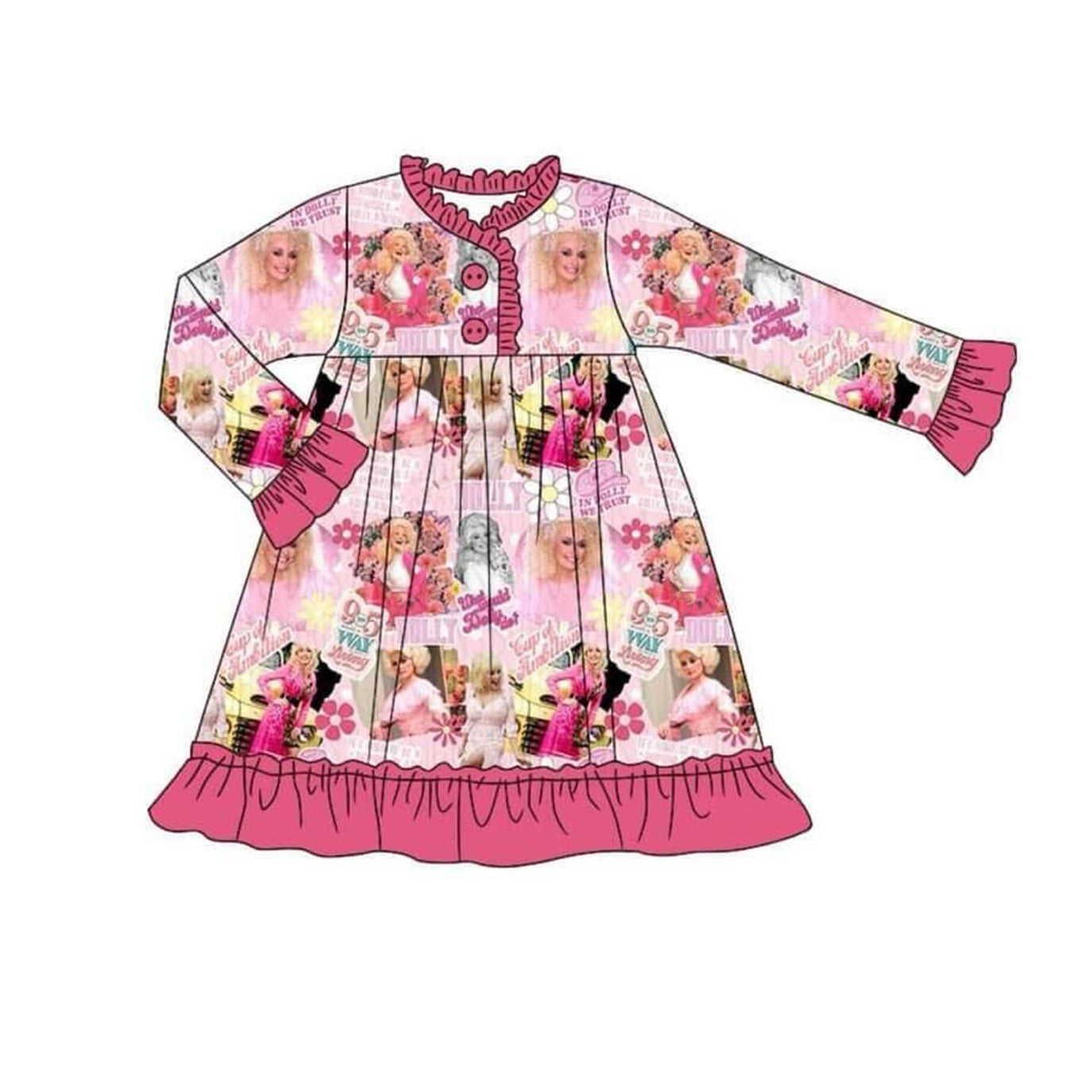 (Custom Design Preorder MOQ 5) Pink Singer Doll Vibes Print Girls Knee Length Fall Pajamas Gown Dress