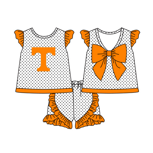 (Custom Design Preorder MOQ 5) Team's Orange T Print Girls Summer Clothes Set