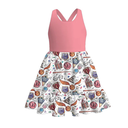 (Custom Design Preorder MOQ 5) Cartoon Magic Key Pink Print Girls Summer Knee Length Dress
